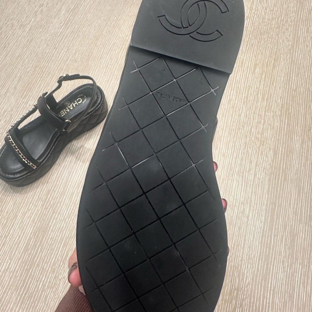 CHANEL Black Platform Sandal with Gold Chain Trim - Picture 6 of 12